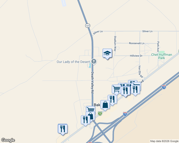 map of restaurants, bars, coffee shops, grocery stores, and more near 57376 California 127 in Baker