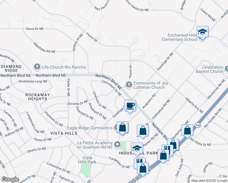 map of restaurants, bars, coffee shops, grocery stores, and more near 4980 Zirconia Drive Northeast in Rio Rancho