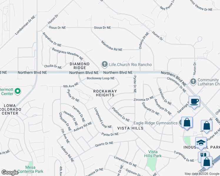 map of restaurants, bars, coffee shops, grocery stores, and more near 704 Silver Court Northeast in Rio Rancho