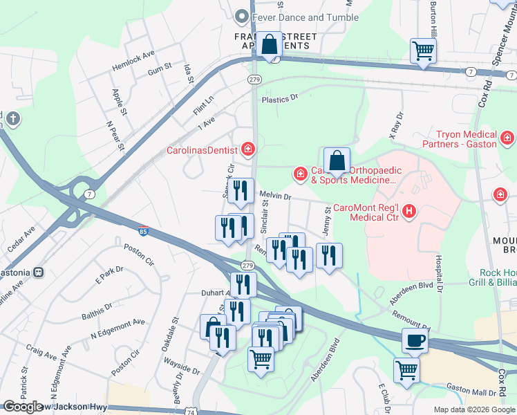map of restaurants, bars, coffee shops, grocery stores, and more near 568 North New Hope Road in Gastonia
