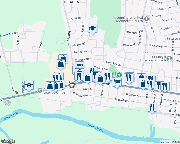 map of restaurants, bars, coffee shops, grocery stores, and more near 900 Westover Avenue in Kinston