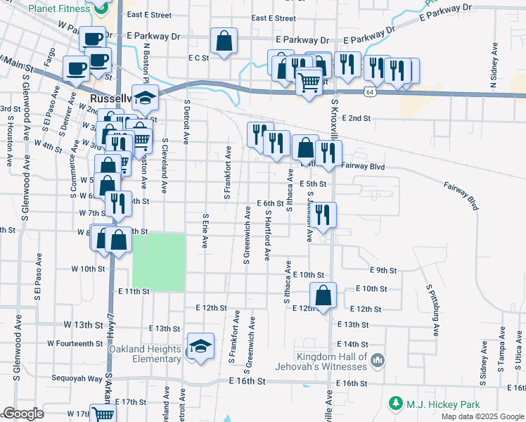map of restaurants, bars, coffee shops, grocery stores, and more near 604 South Hartford Avenue in Russellville