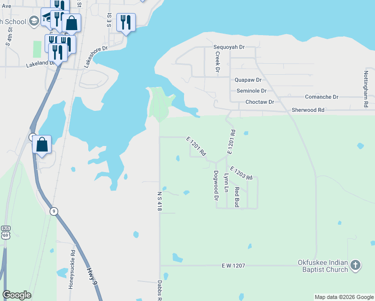 map of restaurants, bars, coffee shops, grocery stores, and more near 120254 South 4182 Road in Eufaula