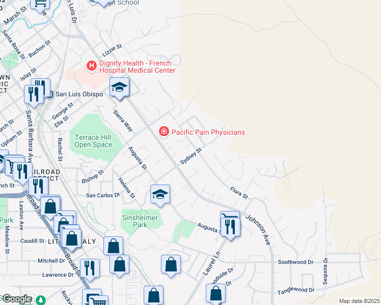 map of restaurants, bars, coffee shops, grocery stores, and more near 1707 Sydney Street in San Luis Obispo