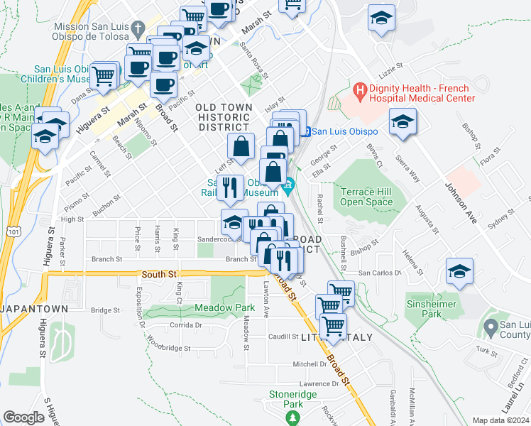 map of restaurants, bars, coffee shops, grocery stores, and more near 1968 Chorro Street in San Luis Obispo