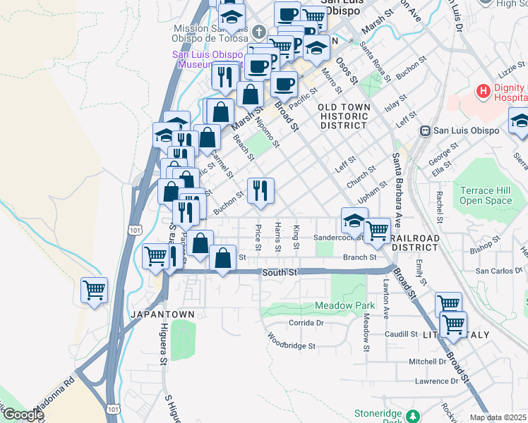 map of restaurants, bars, coffee shops, grocery stores, and more near 1618 Carmel Street in San Luis Obispo