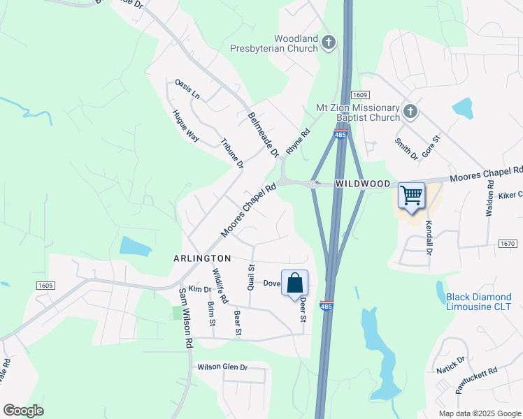 map of restaurants, bars, coffee shops, grocery stores, and more near 10227 Moores Chapel Road in Charlotte