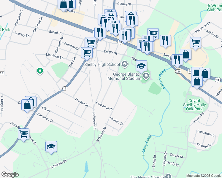 map of restaurants, bars, coffee shops, grocery stores, and more near 1131 Bridges Street in Shelby