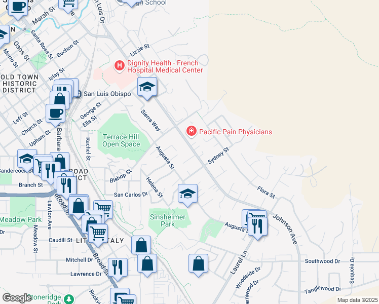 map of restaurants, bars, coffee shops, grocery stores, and more near 2375 Johnson Avenue in San Luis Obispo