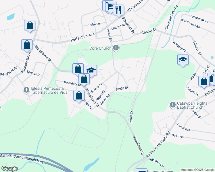 map of restaurants, bars, coffee shops, grocery stores, and more near 107 Roper Street in Belmont