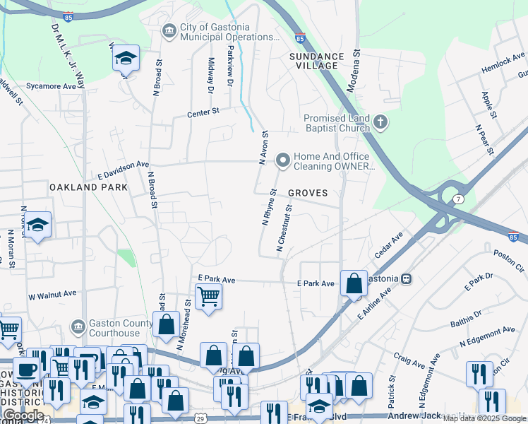 map of restaurants, bars, coffee shops, grocery stores, and more near 609 North Rhyne Street in Gastonia