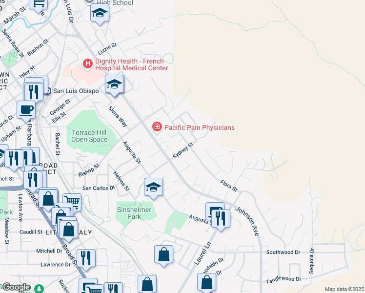 map of restaurants, bars, coffee shops, grocery stores, and more near 1707 Sydney Street in San Luis Obispo