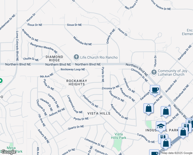 map of restaurants, bars, coffee shops, grocery stores, and more near 4538 Pyrite Court Northeast in Rio Rancho