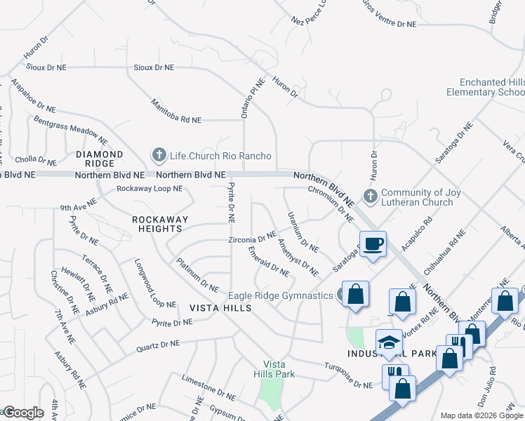 map of restaurants, bars, coffee shops, grocery stores, and more near 845 Amethyst Drive Northeast in Rio Rancho