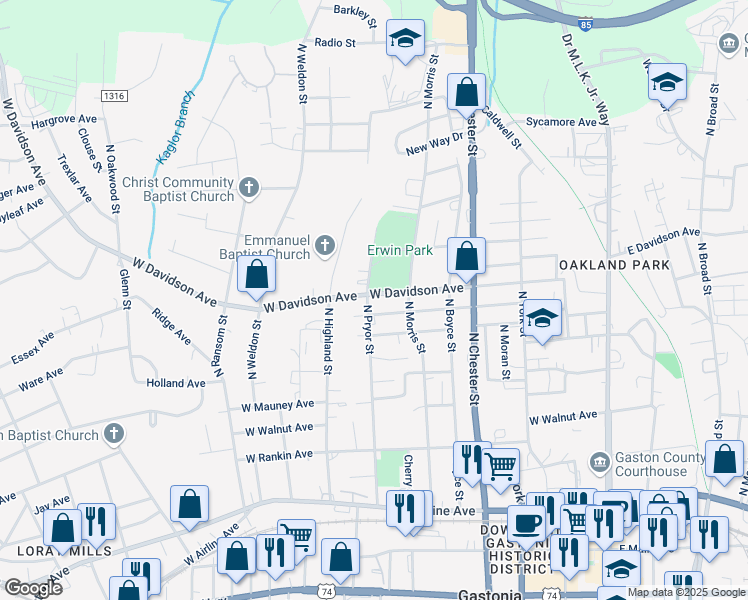 map of restaurants, bars, coffee shops, grocery stores, and more near 806 North Pryor Street in Gastonia