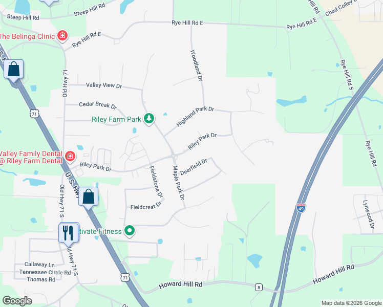 map of restaurants, bars, coffee shops, grocery stores, and more near 6700 Riley Park Drive in Fort Smith
