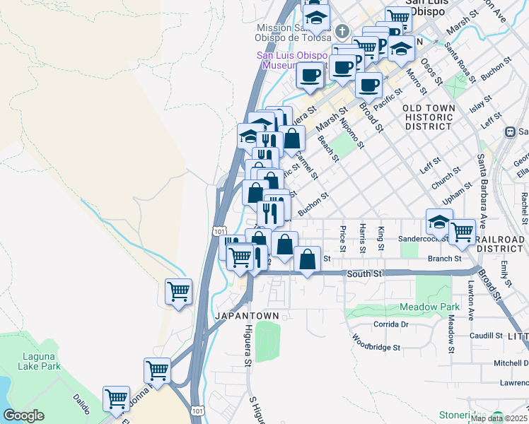 map of restaurants, bars, coffee shops, grocery stores, and more near 283 Higuera Street in San Luis Obispo