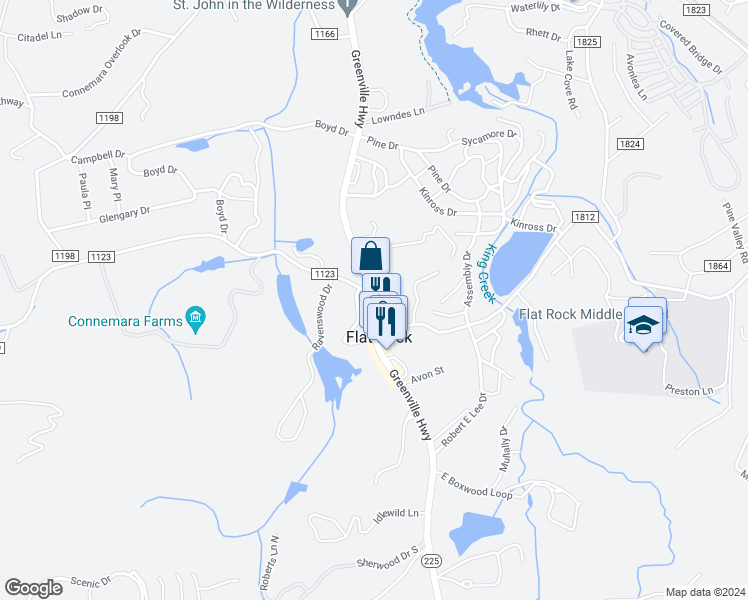 map of restaurants, bars, coffee shops, grocery stores, and more near 118 Village Center Drive in Flat Rock