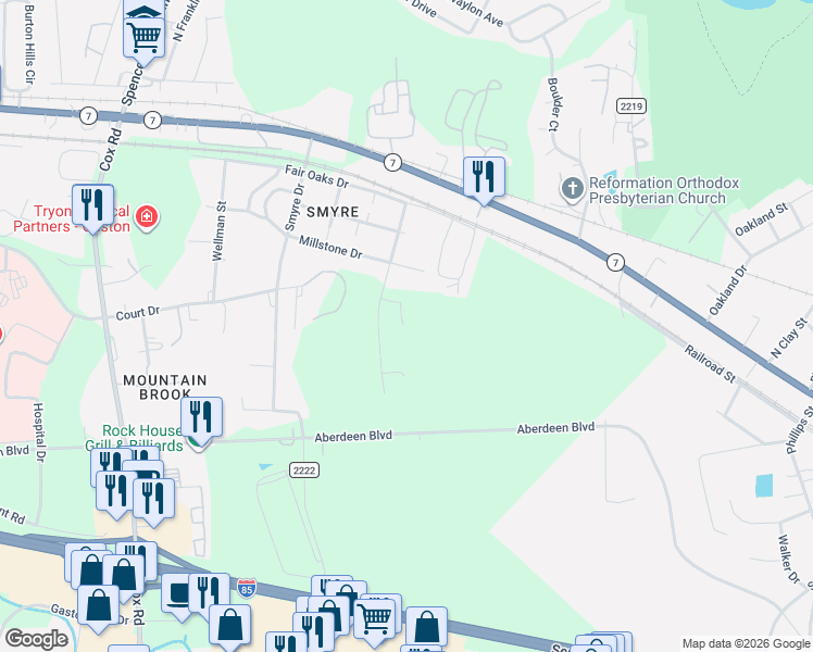 map of restaurants, bars, coffee shops, grocery stores, and more near 3253 Barrett Lane in Gastonia