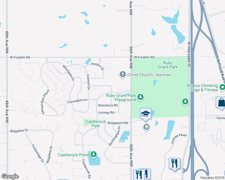 map of restaurants, bars, coffee shops, grocery stores, and more near 4401 Warrington Way in Norman