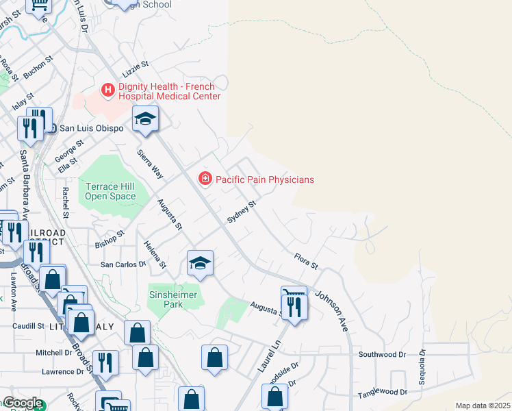 map of restaurants, bars, coffee shops, grocery stores, and more near 1707 Sydney Street in San Luis Obispo