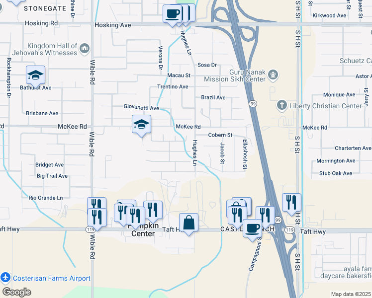 map of restaurants, bars, coffee shops, grocery stores, and more near 2514 Tara Leigh Drive in Bakersfield