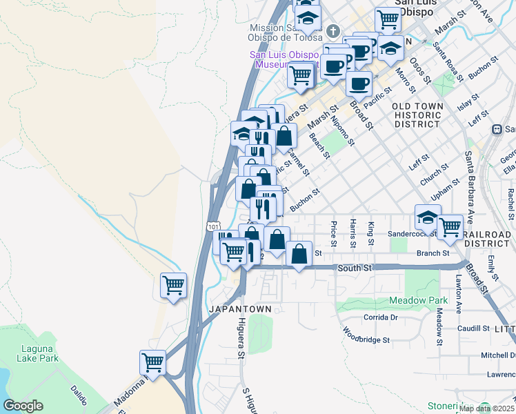 map of restaurants, bars, coffee shops, grocery stores, and more near 130 High Street in San Luis Obispo
