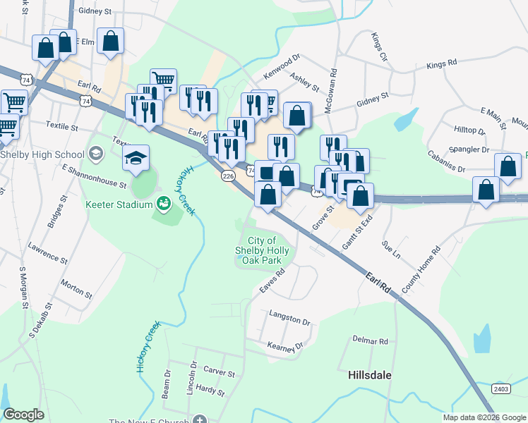 map of restaurants, bars, coffee shops, grocery stores, and more near 702 Earl Rd in Shelby