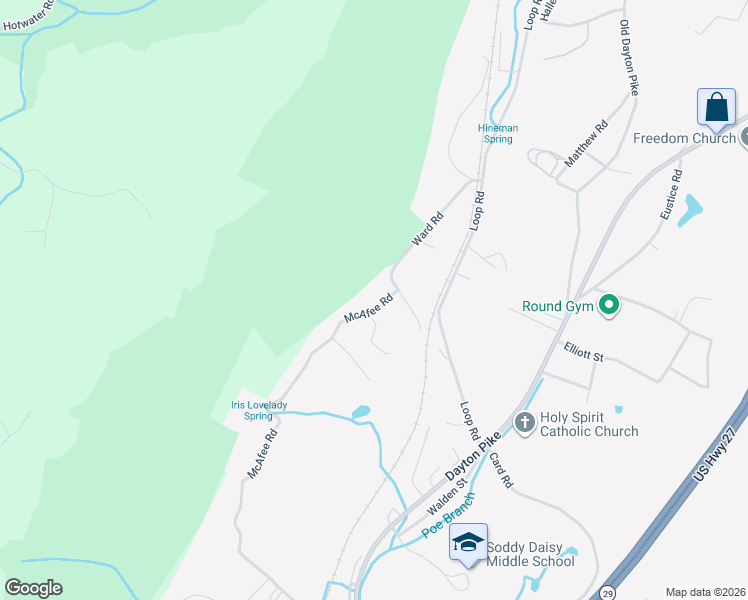 map of restaurants, bars, coffee shops, grocery stores, and more near 10729 McAfee Road in Soddy-Daisy