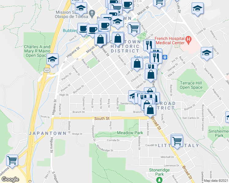 map of restaurants, bars, coffee shops, grocery stores, and more near 480 High St in San Luis Obispo