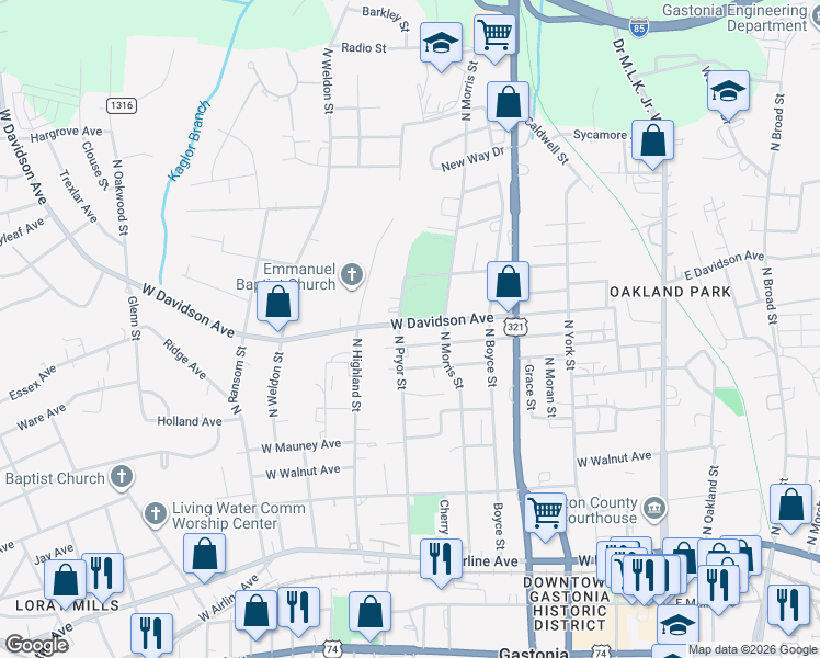 map of restaurants, bars, coffee shops, grocery stores, and more near 806 North Pryor Street in Gastonia