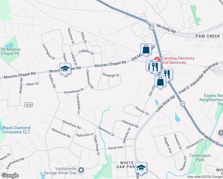 map of restaurants, bars, coffee shops, grocery stores, and more near 930 Claremont Road in Charlotte