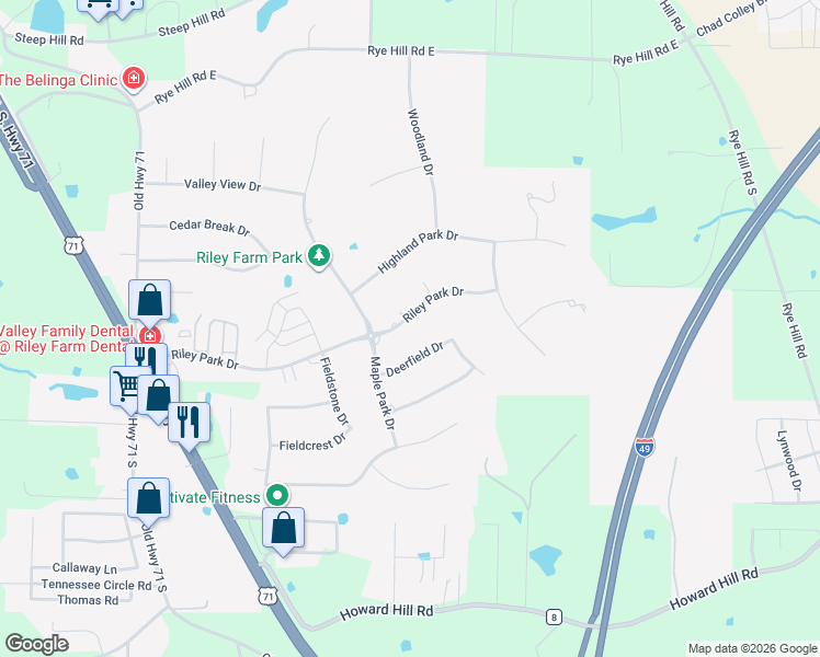 map of restaurants, bars, coffee shops, grocery stores, and more near 6700 Riley Park Drive in Fort Smith