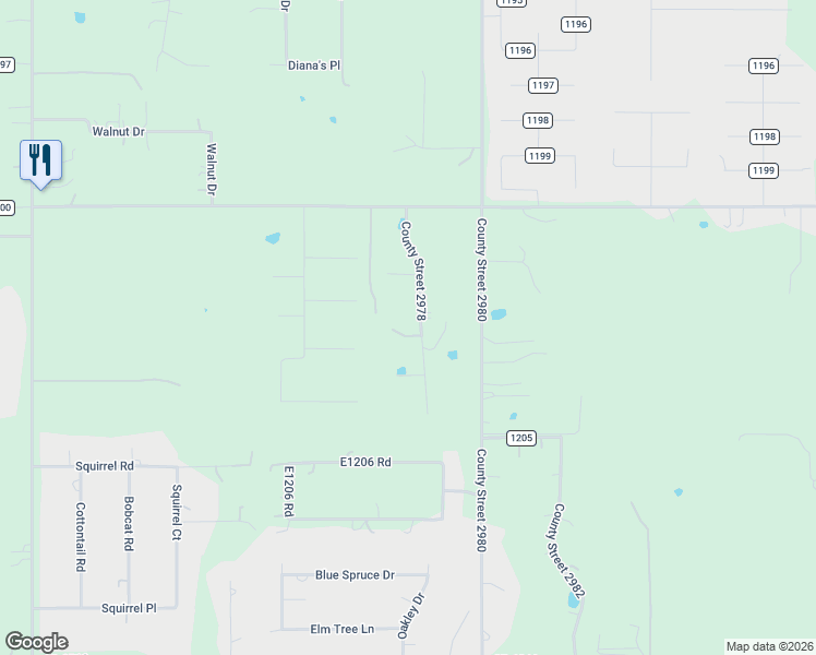 map of restaurants, bars, coffee shops, grocery stores, and more near 2381 County Road 1202 in Tuttle