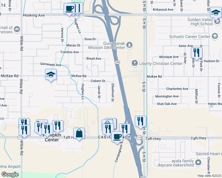 map of restaurants, bars, coffee shops, grocery stores, and more near 9017 Ellashosh Street in Bakersfield