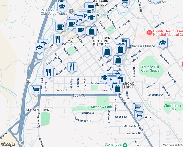 map of restaurants, bars, coffee shops, grocery stores, and more near 480 High Street in San Luis Obispo