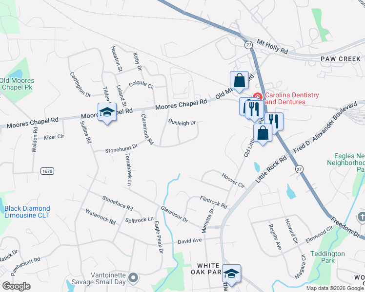 map of restaurants, bars, coffee shops, grocery stores, and more near 930 Claremont Road in Charlotte
