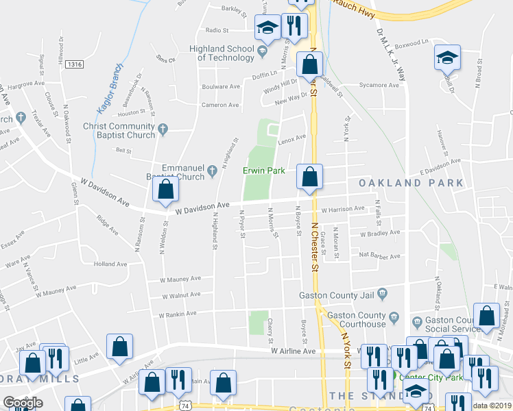 map of restaurants, bars, coffee shops, grocery stores, and more near 806 North Pryor Street in Gastonia