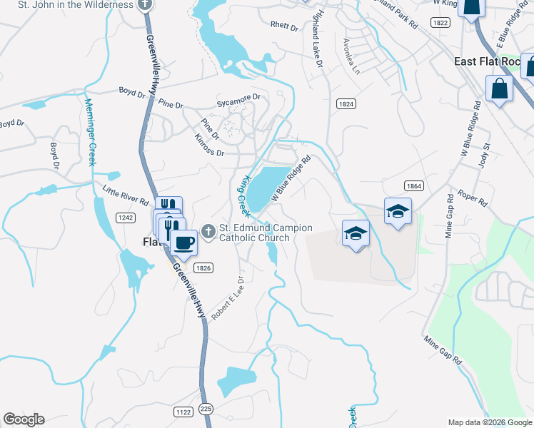 map of restaurants, bars, coffee shops, grocery stores, and more near 1150 West Blue Ridge Road in Flat Rock