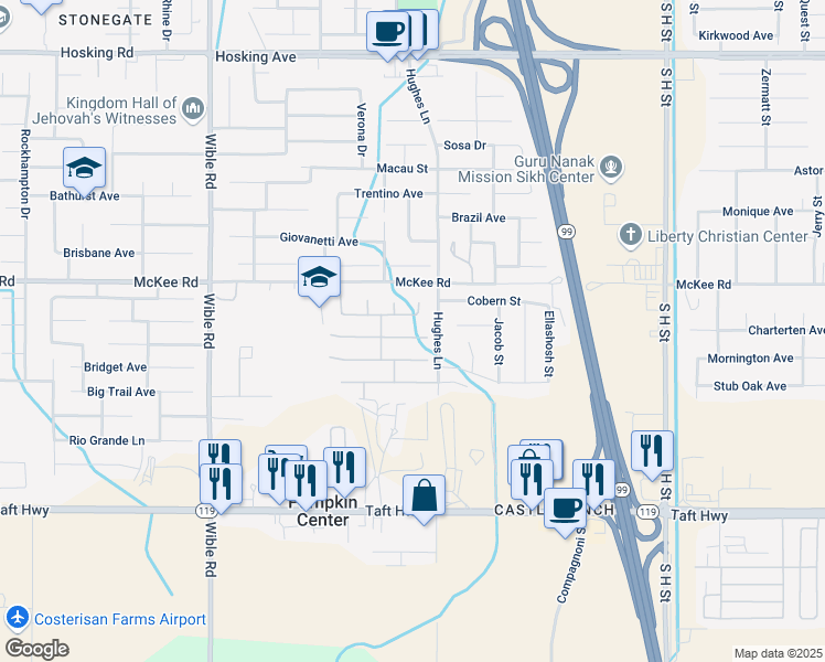 map of restaurants, bars, coffee shops, grocery stores, and more near 2514 Tara Leigh Drive in Bakersfield