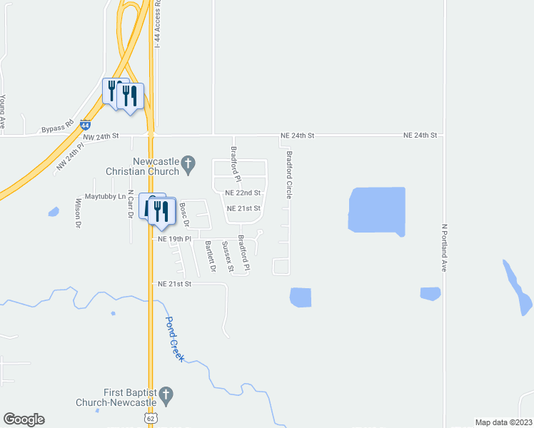 map of restaurants, bars, coffee shops, grocery stores, and more near 2068 Bradford Lane in Newcastle