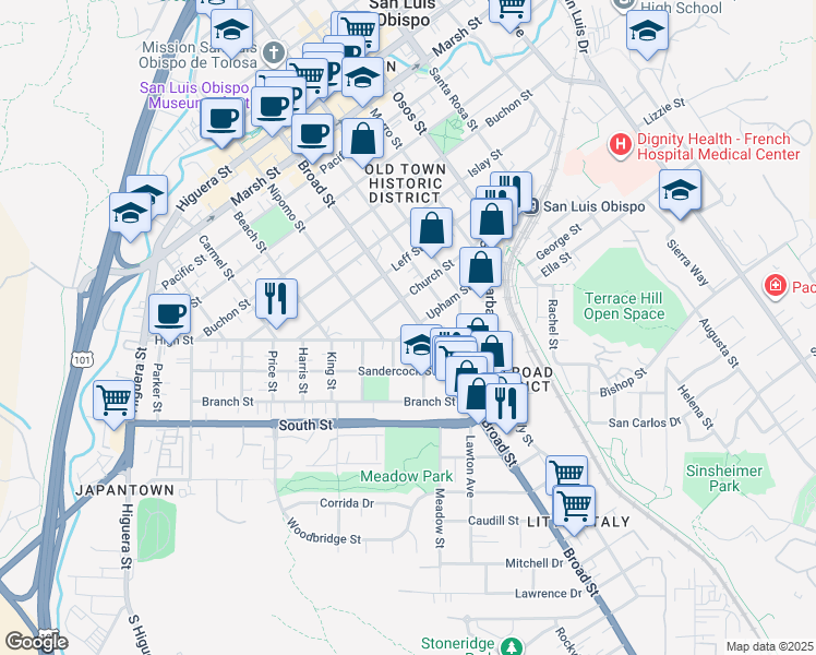 map of restaurants, bars, coffee shops, grocery stores, and more near 662 Upham Street in San Luis Obispo