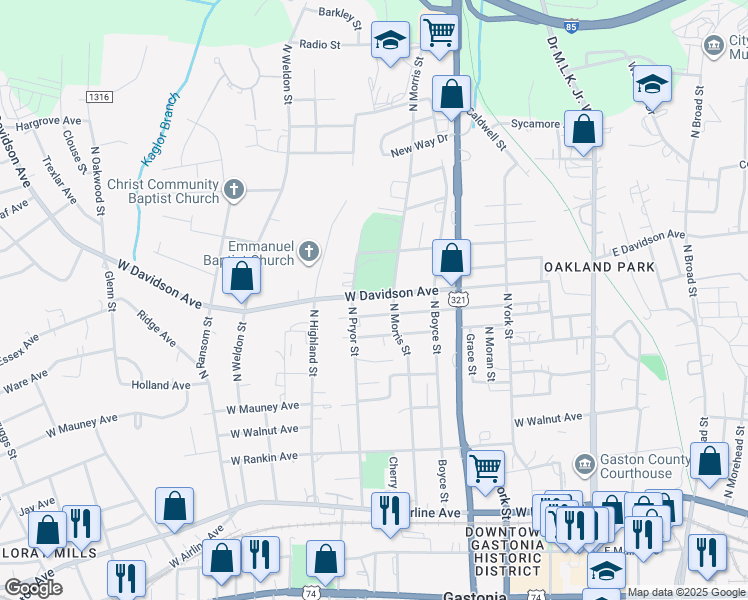 map of restaurants, bars, coffee shops, grocery stores, and more near 806 North Pryor Street in Gastonia
