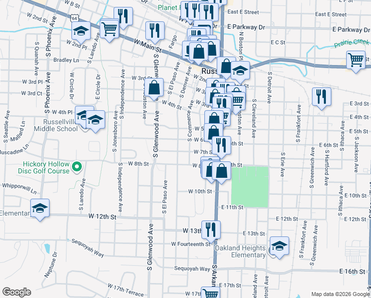 map of restaurants, bars, coffee shops, grocery stores, and more near 612 South Commerce Avenue in Russellville