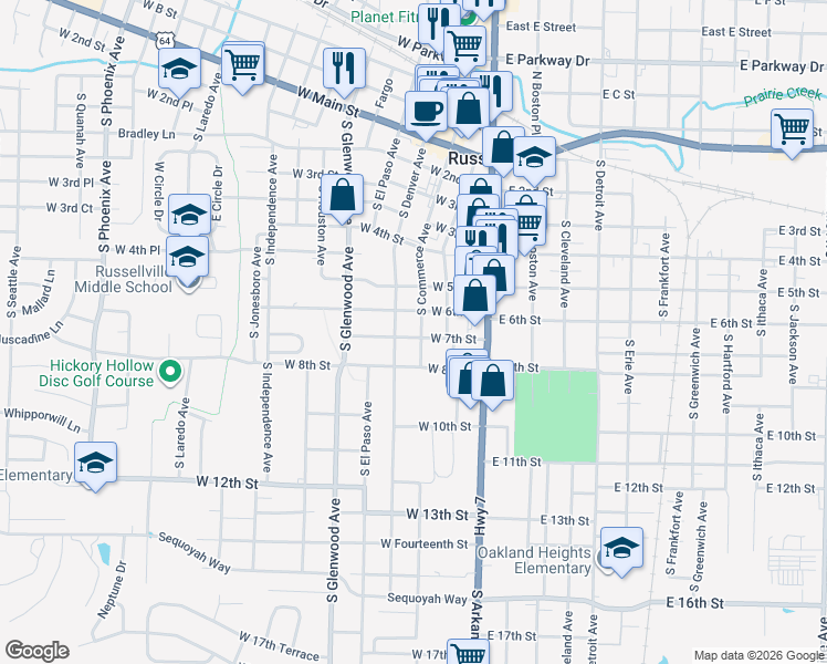 map of restaurants, bars, coffee shops, grocery stores, and more near 612 S Commerce Ave in Russellville