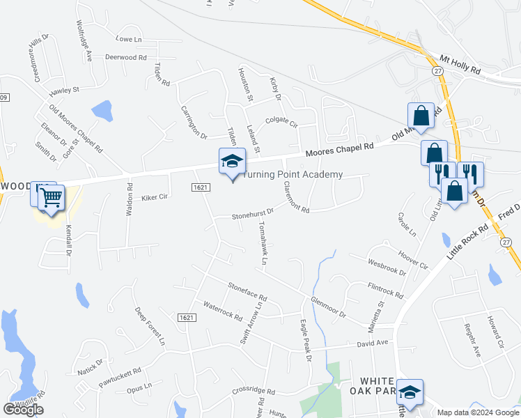 map of restaurants, bars, coffee shops, grocery stores, and more near 8534 Stonehurst Drive in Charlotte