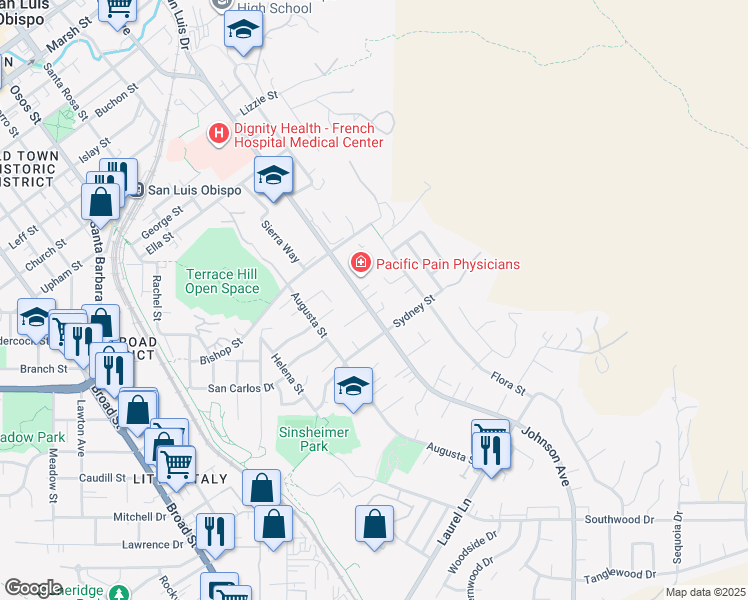 map of restaurants, bars, coffee shops, grocery stores, and more near 2406 Johnson Avenue in San Luis Obispo