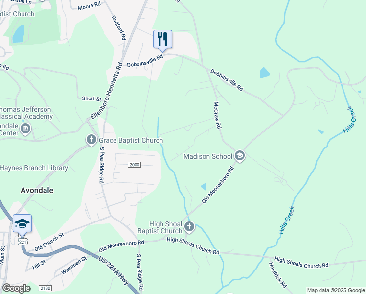 map of restaurants, bars, coffee shops, grocery stores, and more near 212 Crystal Creek Drive in Ellenboro