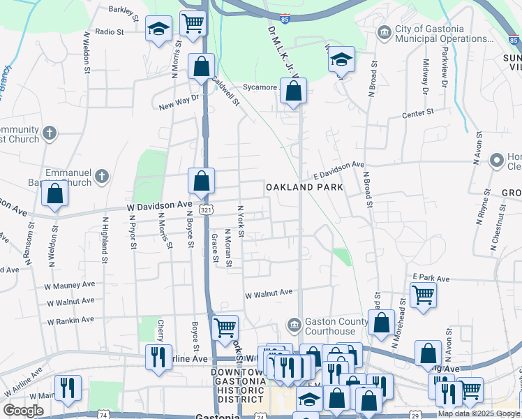 map of restaurants, bars, coffee shops, grocery stores, and more near 206 West Harrison Avenue in Gastonia
