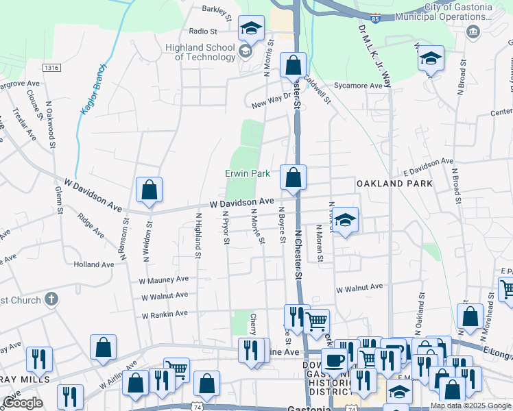 map of restaurants, bars, coffee shops, grocery stores, and more near 521 West Davidson Avenue in Gastonia